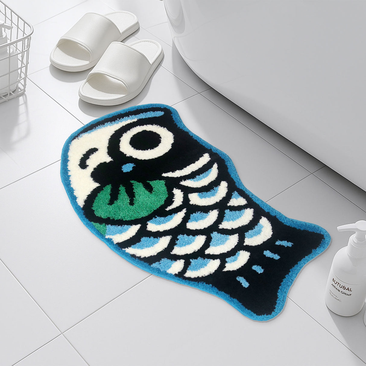 Feblilac Blue Fish-Shaped Tufted Bath Mat – Cute and Fun Non-Slip Rug