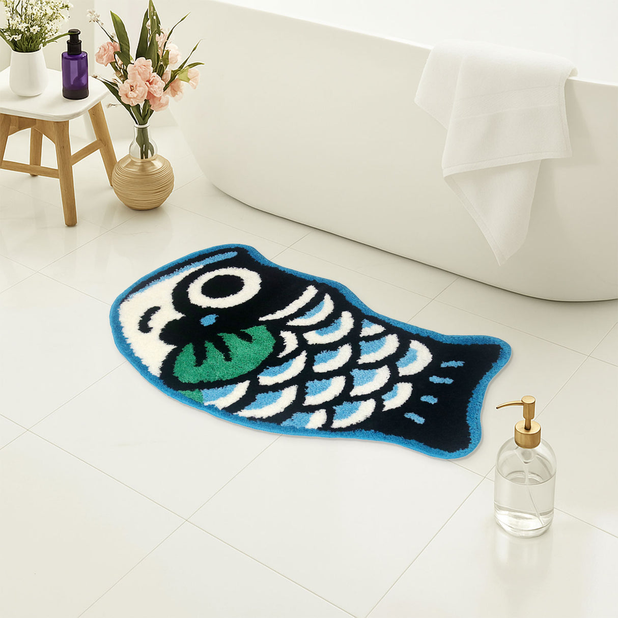 Feblilac Blue Fish-Shaped Tufted Bath Mat – Cute and Fun Non-Slip Rug