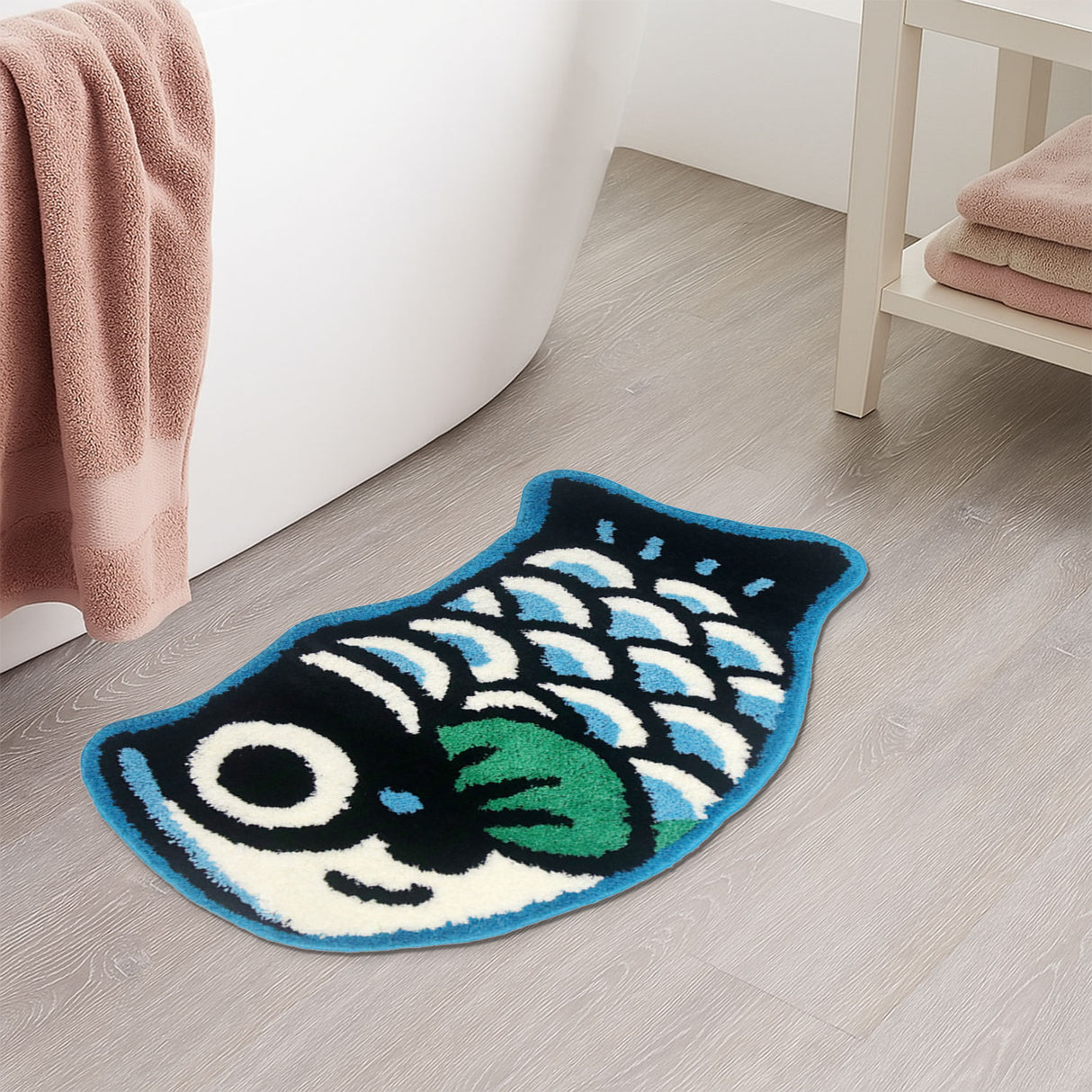Feblilac Blue Fish-Shaped Tufted Bath Mat – Cute and Fun Non-Slip Rug