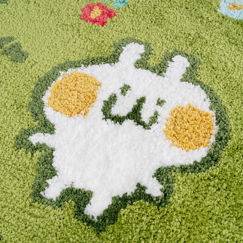 Feblilac Cute Rabbit Bath Mat, Cartoon Green Garden Flower Rug for Bathroom