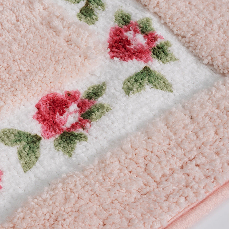 Feblilac Pink Rose Flower Bath Mat, Lovely Floral Garden Bathroom Rug, Soft Flush Non-Slip Water Absorbent Mat for Bath Tub Shower Room