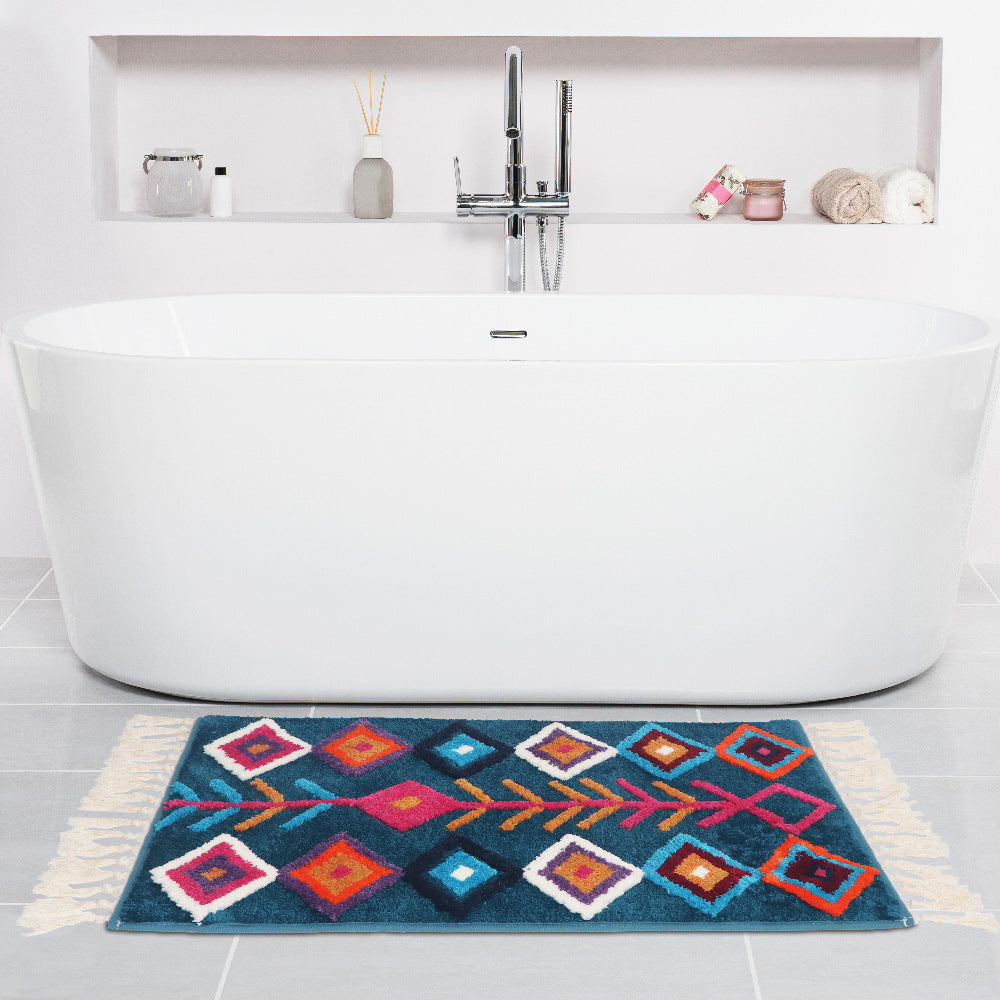 Bohemian Tassel Bath Mat, Tropical Geometry Style Rug for Bathroom