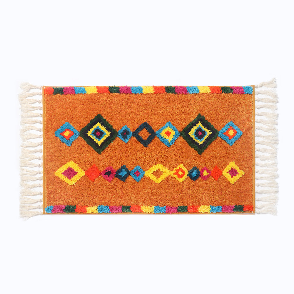 Bohemian Tassel Bath Mat, Tropical Geometry Style Rug for Bathroom