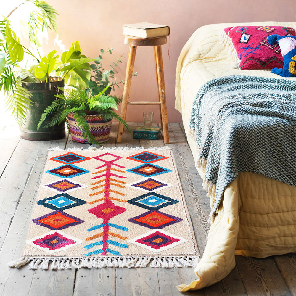 Bohemian Tassel Bath Mat, Tropical Geometry Style Rug for Bathroom