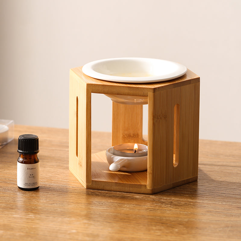 Hexagonal Bamboo Wood Aromatherapy Lamp: Ceramic Essential Oil Burner