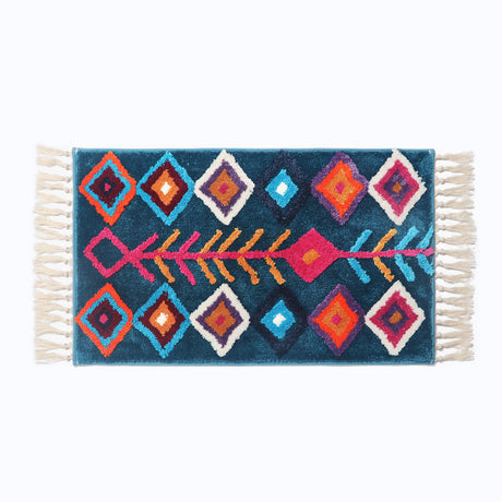 Bohemian Tassel Bath Mat, Tropical Geometry Style Rug for Bathroom