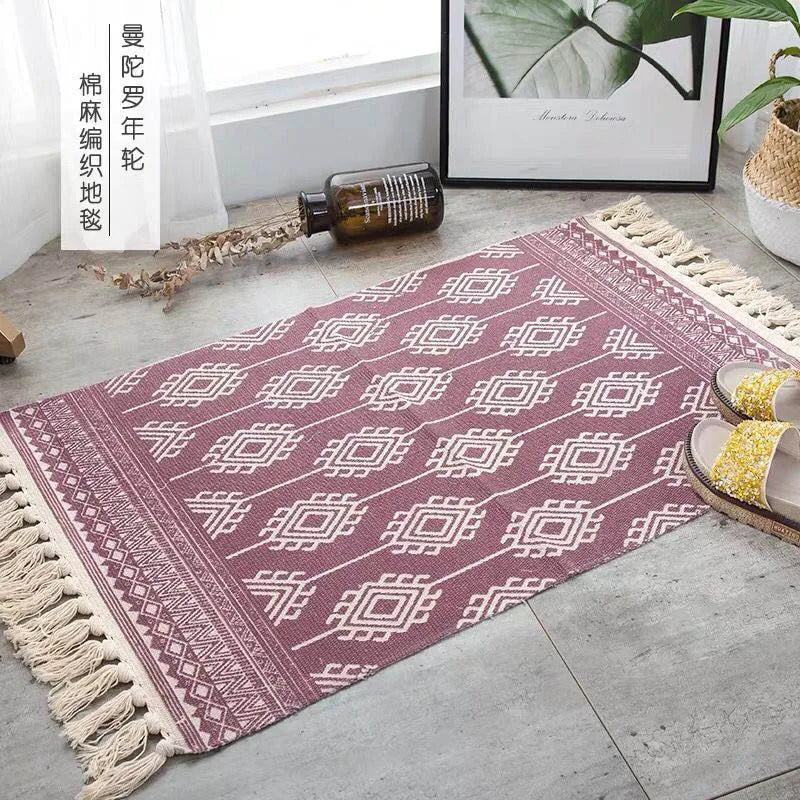 Retro Bohemia Hand Woven Cotton Linen Carpet Tassel Rug Floor Mat Tapestry Decorative Blanket Home Decor