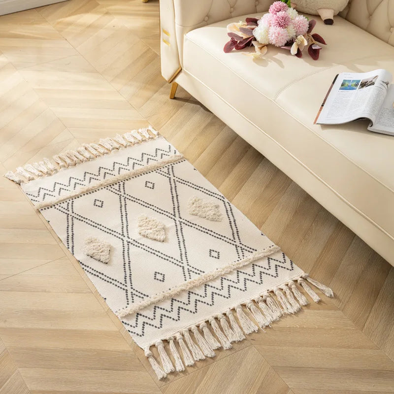 Retro Bohemia Hand Woven Cotton Linen Carpet Tassel Rug Floor Mat Tapestry Decorative Blanket Home Decor