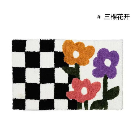 Retro Chessboard Plaid Bath Mats Fluffy Grids Soft Floral Carpet Bathroom Carpet Bedside Carpet Home Decor Anti Slip Floor Mats