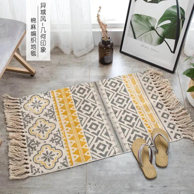 Retro Bohemia Hand Woven Cotton Linen Carpet Tassel Rug Floor Mat Tapestry Decorative Blanket Home Decor