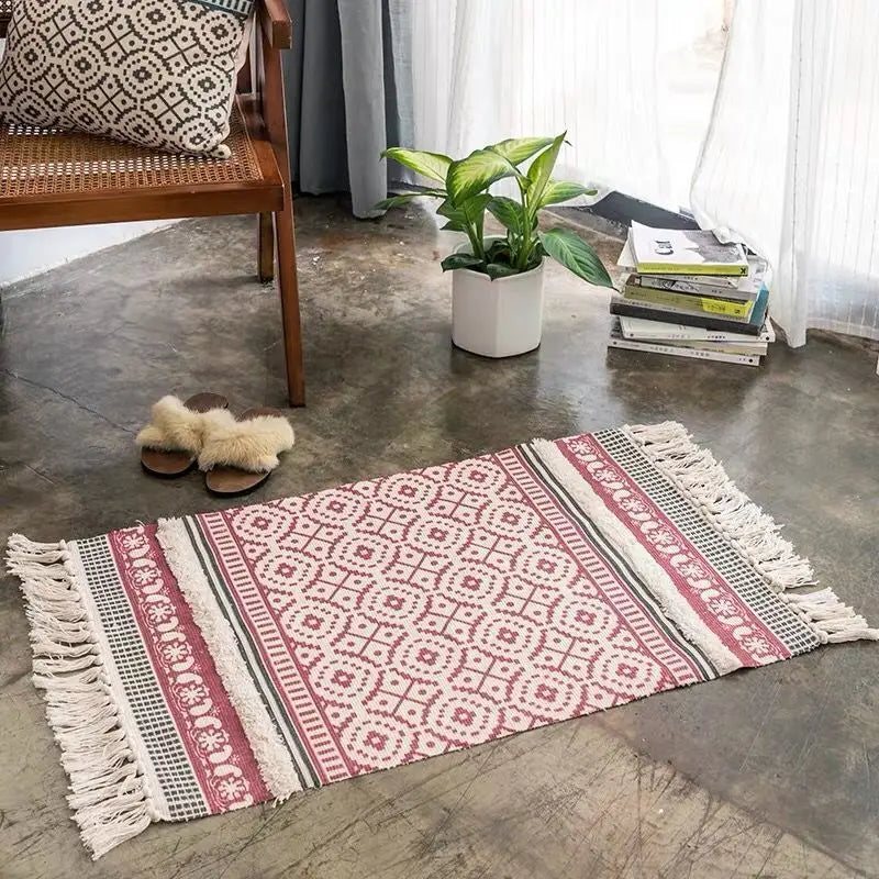 Retro Bohemia Hand Woven Cotton Linen Carpet Tassel Rug Floor Mat Tapestry Decorative Blanket Home Decor