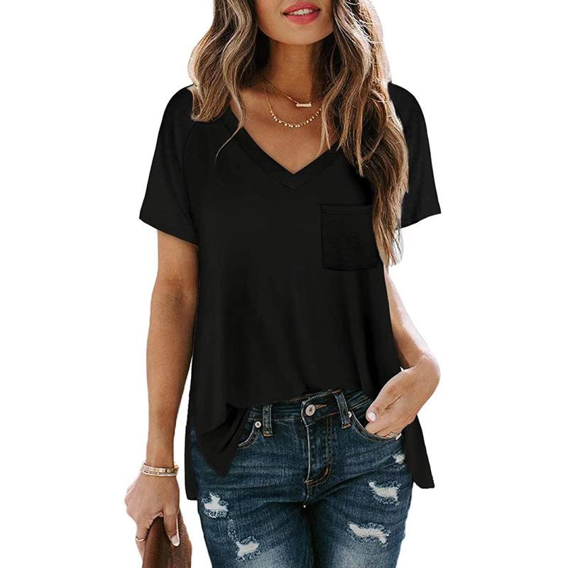 2021 Solid Color Short-Sleeved V-Neck Pocket T-Shirt