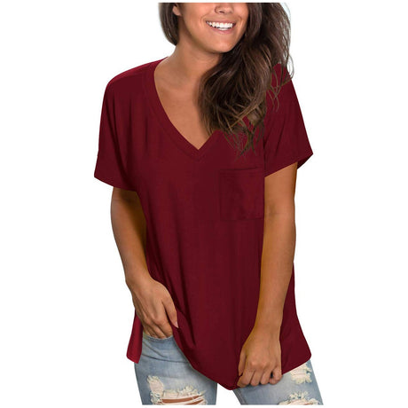 2021 Solid Color Short-Sleeved V-Neck Pocket T-Shirt