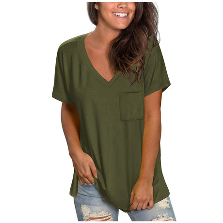 2021 Solid Color Short-Sleeved V-Neck Pocket T-Shirt