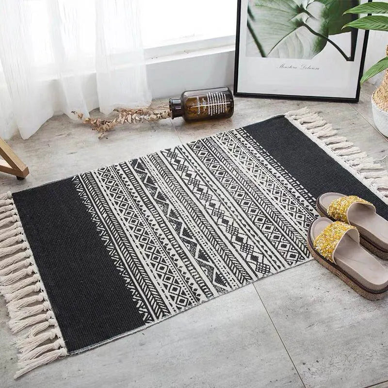 Retro Bohemia Hand Woven Cotton Linen Carpet Tassel Rug Floor Mat Tapestry Decorative Blanket Home Decor