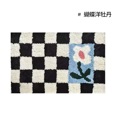 Retro Chessboard Plaid Bath Mats Fluffy Grids Soft Floral Carpet Bathroom Carpet Bedside Carpet Home Decor Anti Slip Floor Mats