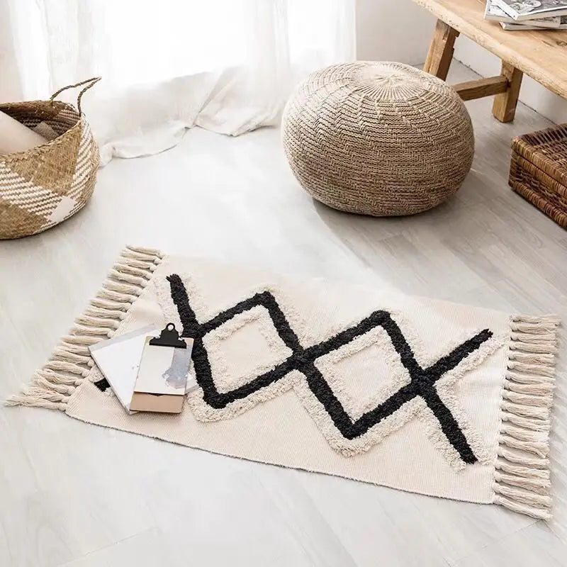 Retro Bohemia Hand Woven Cotton Linen Carpet Tassel Rug Floor Mat Tapestry Decorative Blanket Home Decor