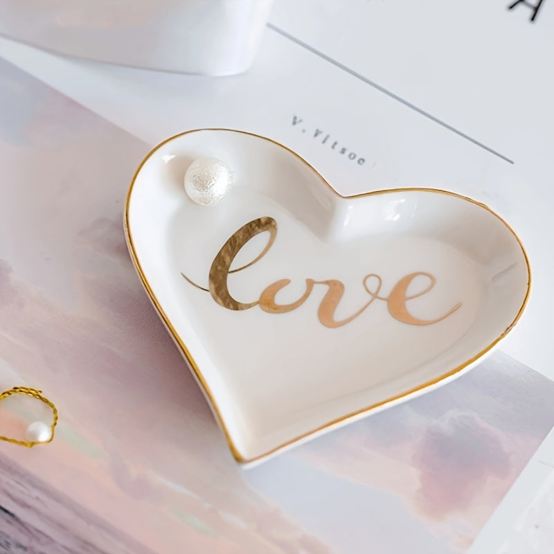 Heart-Shape Love Jewelry Tray, White Ceramic Ring Holder