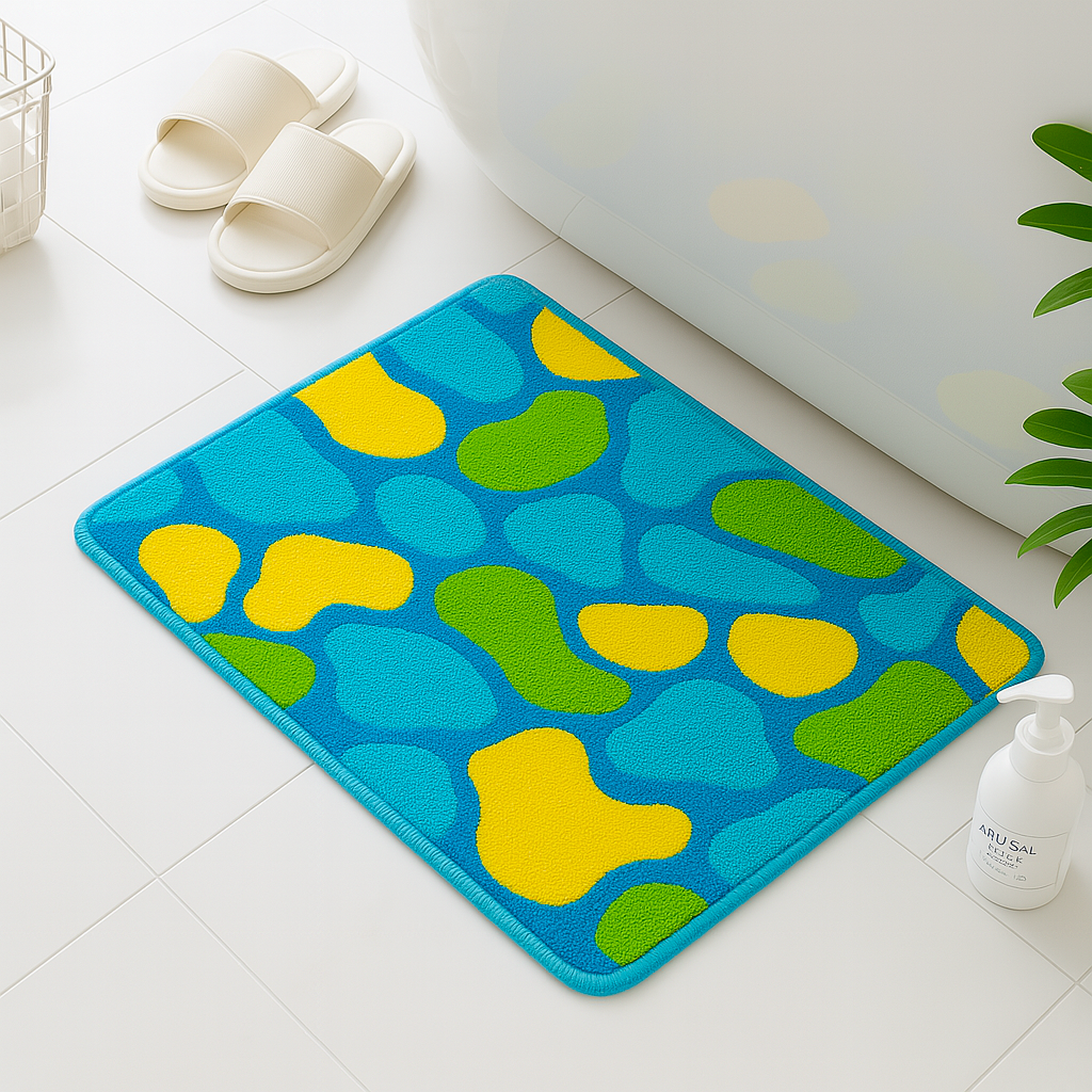 Feblilac Colorful Abstract Bath Mat – Non-Slip Bathroom Rug with Blue, Yellow & Green Modern Design, Soft and Absorbent
