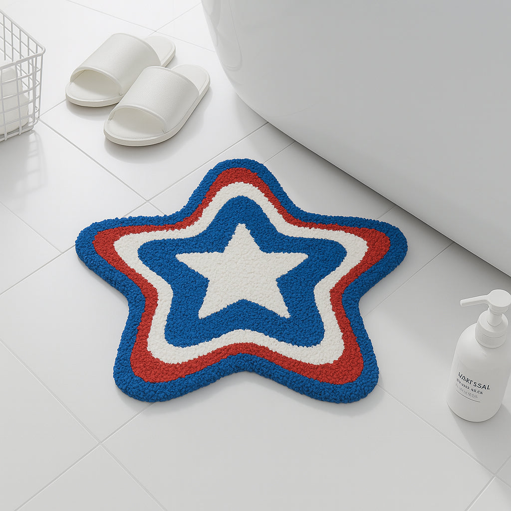 Patriotic Star Tufted Bath Mat – Red White Blue Rug for July 4th Decor