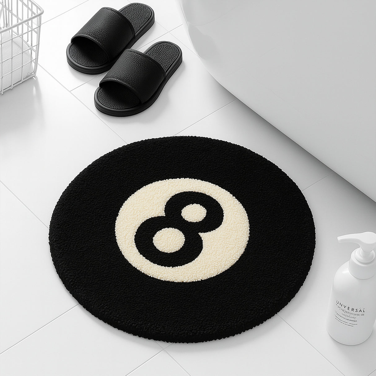 8-Ball Round Tufted Bath Mat – Retro Graphic Non-Slip Rug for Bathroom or Bedroom