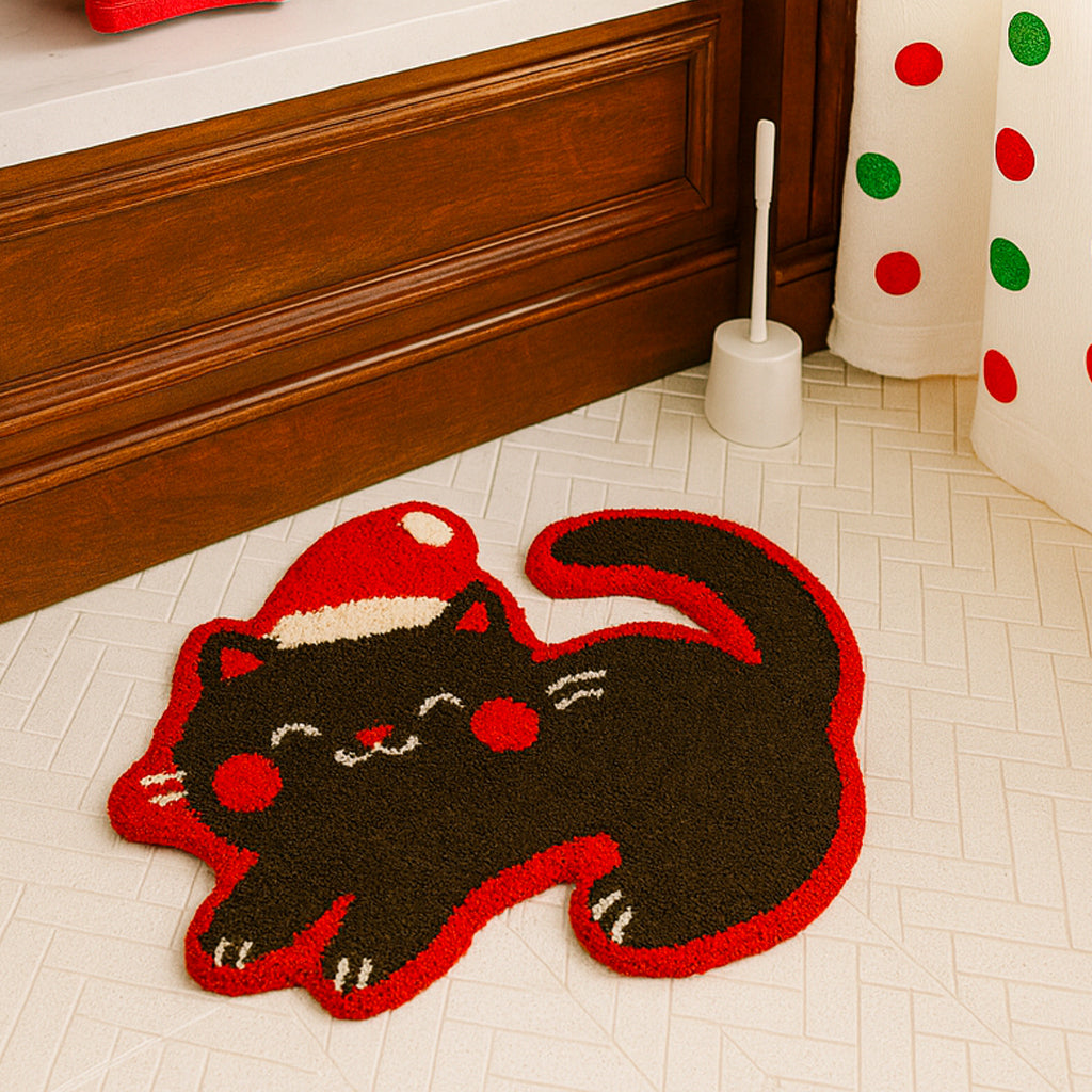 Feblilac Christmas Black Cat Shaped Rug – Cute Santa Cat Tufted Bath Mat for Bathroom & Entryway