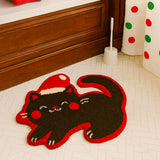 Feblilac Christmas Black Cat Shaped Rug – Cute Santa Cat Tufted Bath Mat for Bathroom & Entryway