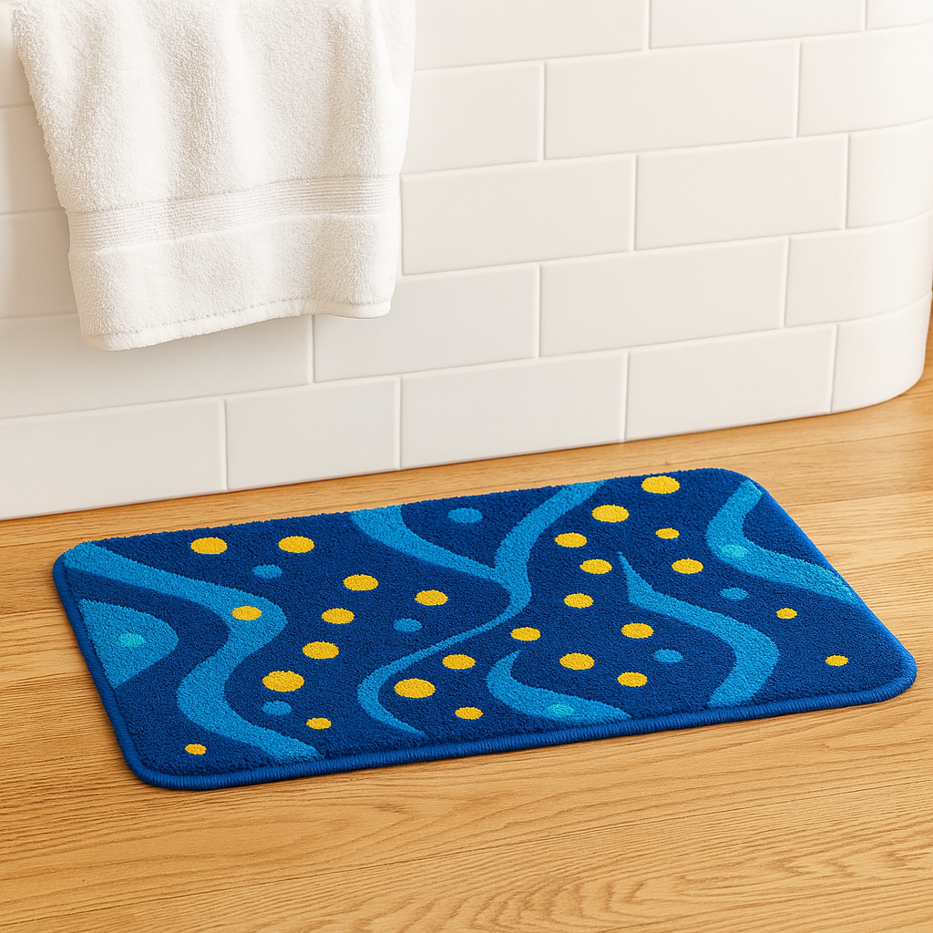 Feblilac Blue Wave & Yellow Dot Bath Mat – Modern Colorful Non-Slip Bathroom Rug