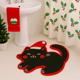 Feblilac Christmas Black Cat Shaped Rug – Cute Santa Cat Tufted Bath Mat for Bathroom & Entryway
