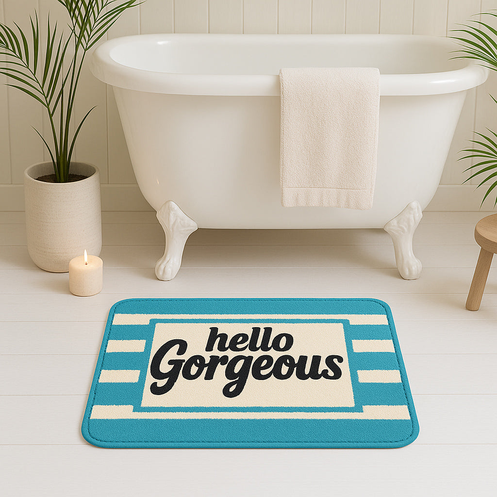 Feblilac Hello Gorgeous Bath Mat – Bold Lettering Rug in Teal and Cream, Non-Slip & Machine Washable