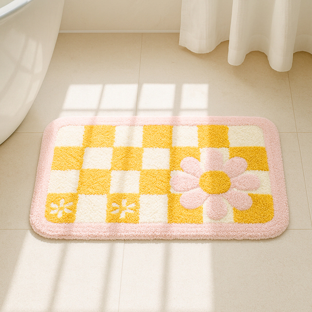 Feblilac Retro Checker Flower Bath Mat – Soft Plush Non-Slip Cute Bathroom Rug