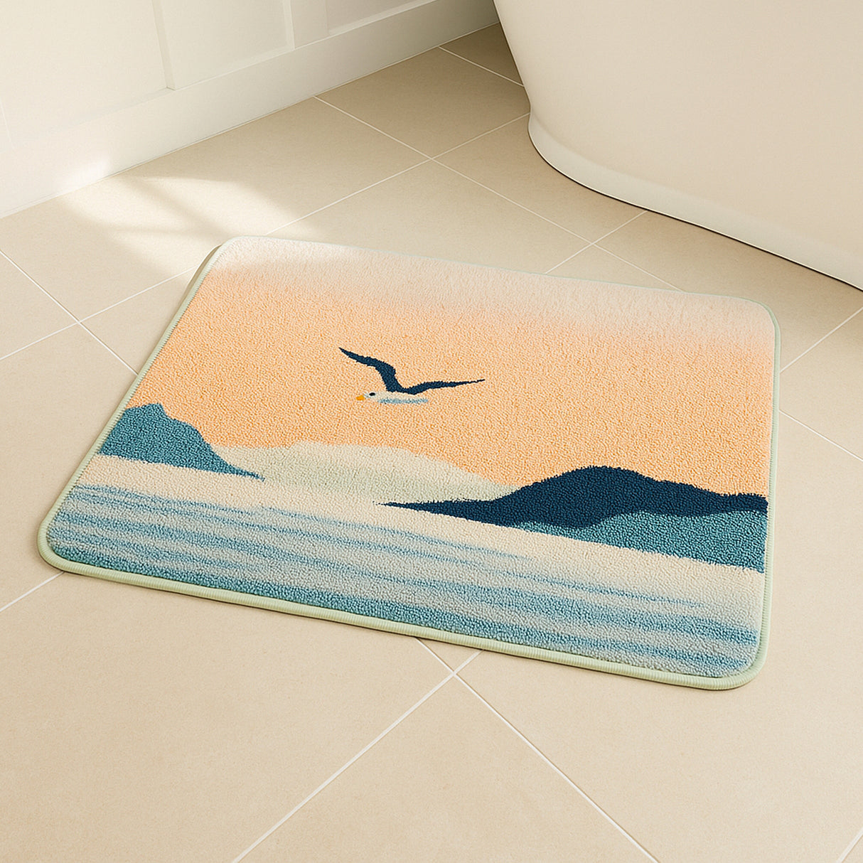 Feblilac Sunset Seagull Coastal Bath Mat – Soft, Absorbent & Non-Slip