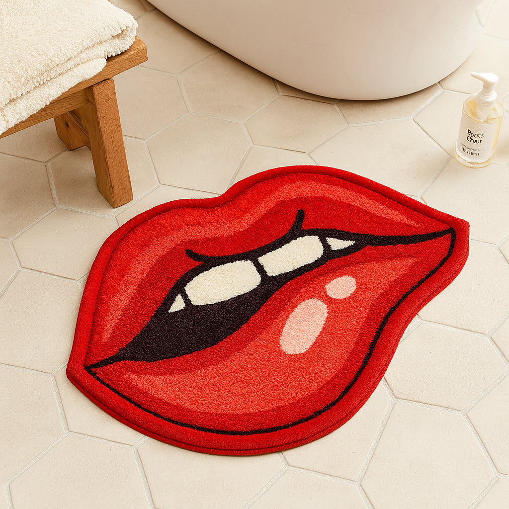 Feblilac Lips Shaped Tufted Rug – Bold Red Cartoon Lip Design, Non-Slip, Soft Plush Floor Mat