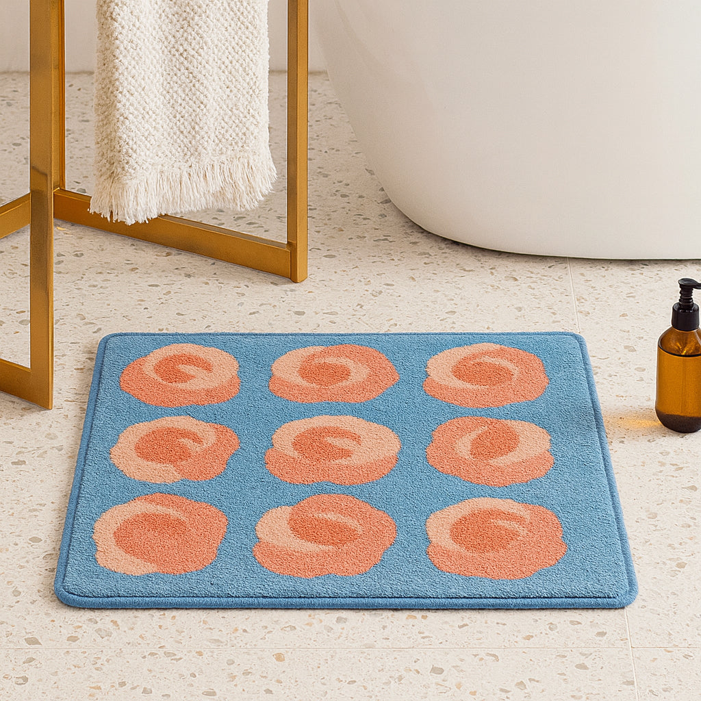Feblilac Floral Pink Rose Tufted Bath Mat – Soft Square Rug for Bathroom or Bedroom