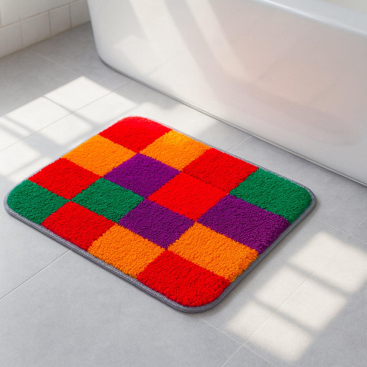 Feblilac Colorful Checkerboard Bath Mat – Soft Plush Tufted Rug for Bathroom, Entryway & Kitchen