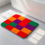 Feblilac Colorful Checkerboard Bath Mat – Soft Plush Tufted Rug for Bathroom, Entryway & Kitchen
