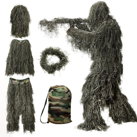 5 in 1 Ghillie Suit, 3D Camouflage Hunting Apparel Including Jacket, Pants, Hood, Carry Bag Suitable for Unisex Adults/Kids/Youth