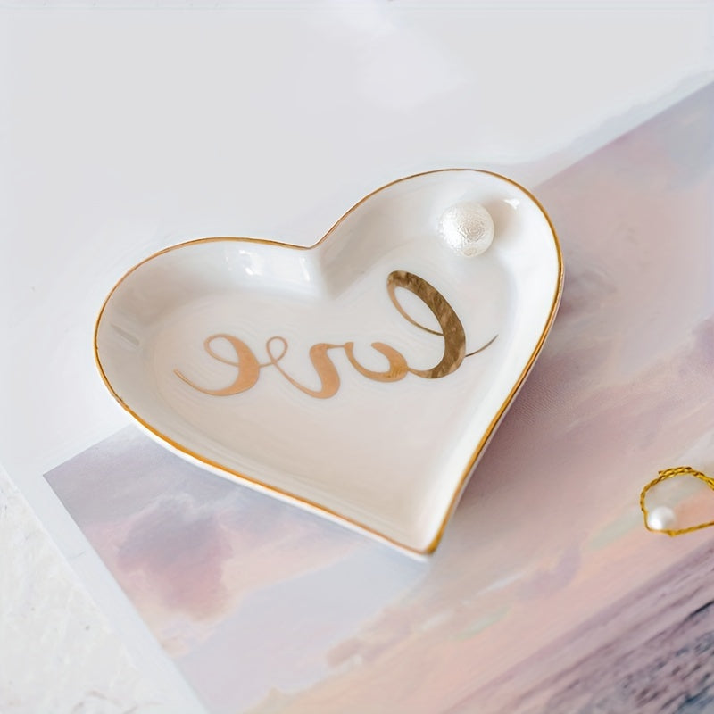 Heart-Shape Love Jewelry Tray, White Ceramic Ring Holder