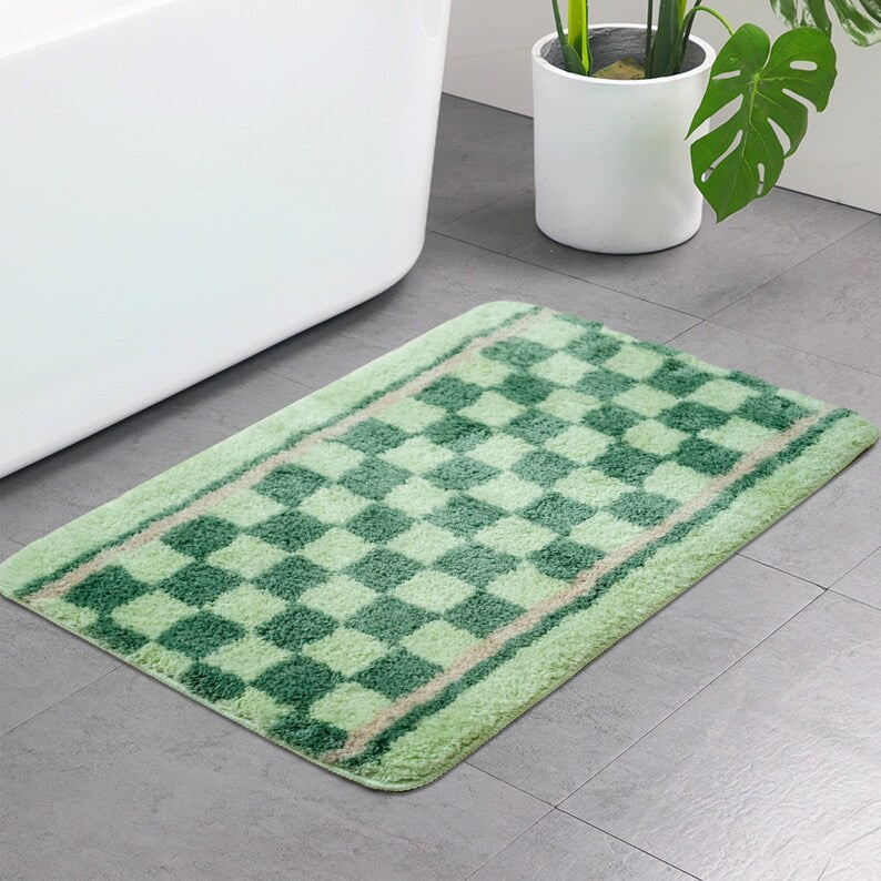 Feblilac Green Checkerboard Pattern Tufted Bath Mat