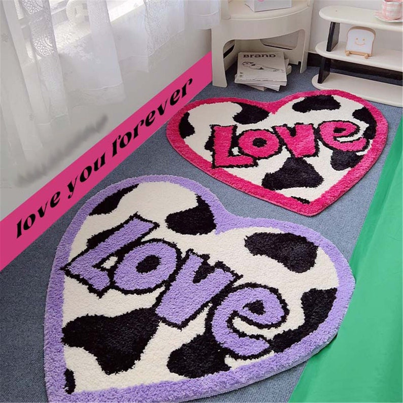 Feblilac Heart Shaped Cute Cow Love Tufted Bath Mat