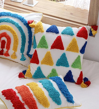 Color Triangle Tufted Cushion Cover 18" x 18"inch,100% Cotton Tufted Textured Pillow Case,Decorative Tassel Pillows,Housewarming gift.