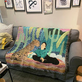 Leopard and girl Cozy Nap Throw Blanket, Sofa Blanket, Woven Fringed, Sofa Throw Tapestry Throw, Housewarming gift.