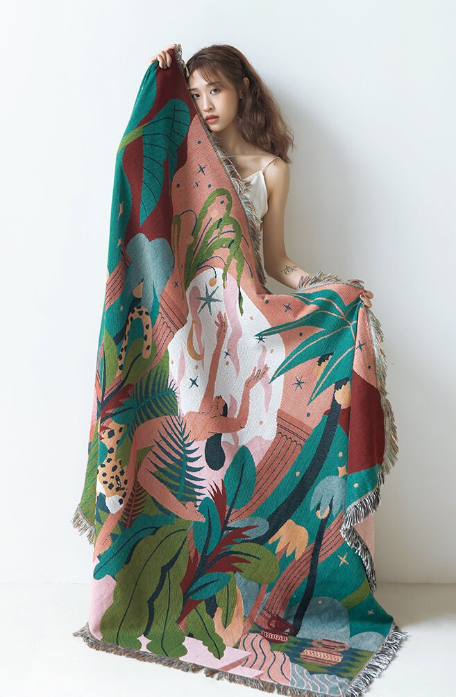 Jungle Boho Blanket, Eclectic Furniture Throw, Leopard Picnic Blanket, Outdoor Garden Cotton Knitted Blanket, Matisse Amazon Wall Hanging