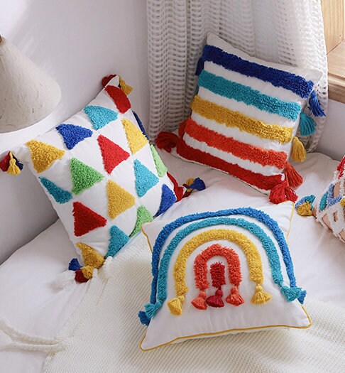 Color Triangle Tufted Cushion Cover 18" x 18"inch,100% Cotton Tufted Textured Pillow Case,Decorative Tassel Pillows,Housewarming gift.