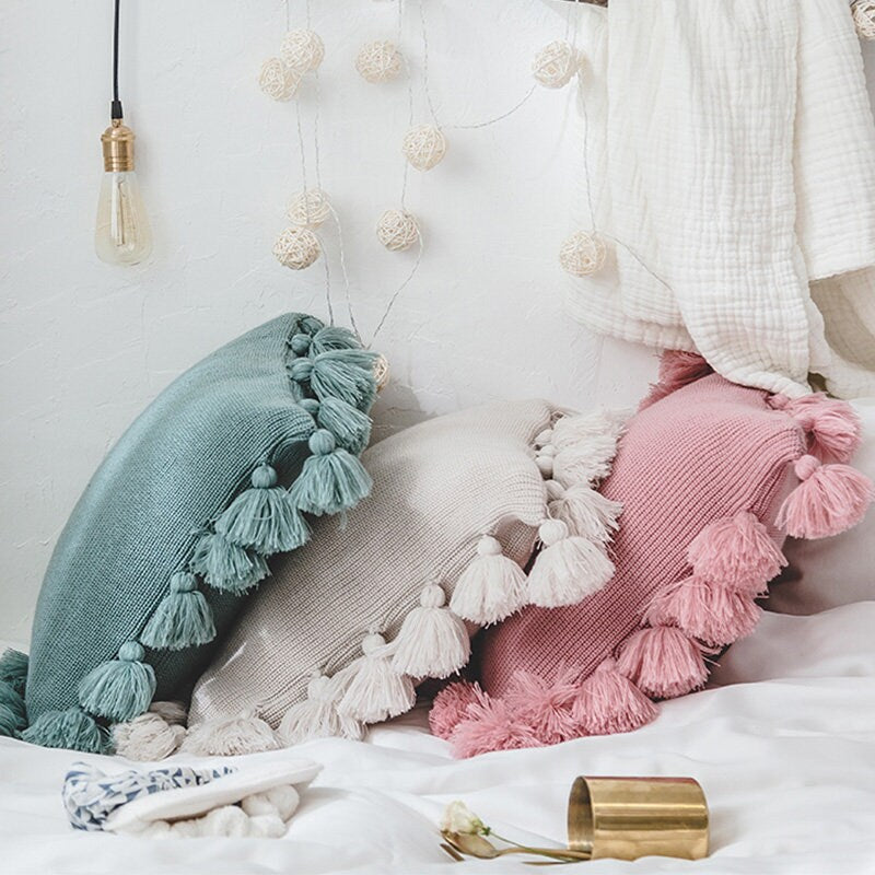 Nordic INS style knitting pillow with pure color fringe, same color double knitting pillow,Tassel knitting throw pillow, housewarming gift