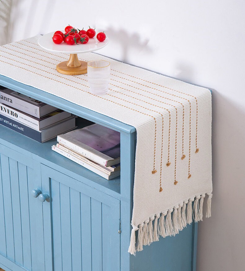 Cotton and linen Table Runners, Decorative Tassel table runners, Modern table setting.For Dining, Kitchen, Housewarming gift.