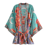 Cotton Kimono Boho Star Moon Print Sashes Women Bohemian V Neck Batwing Sleeves Short Robe Kimono, Gift For Her