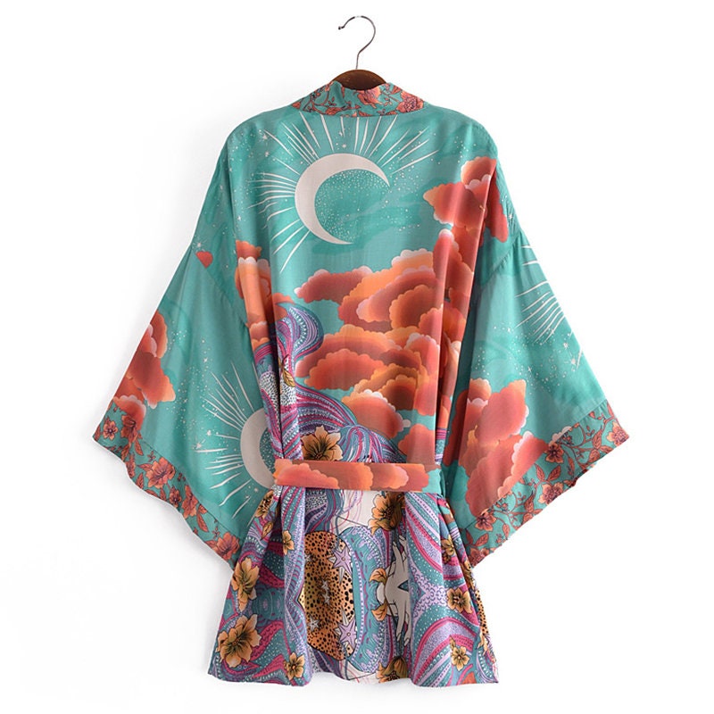 Cotton Kimono Boho Star Moon Print Sashes Women Bohemian V Neck Batwing Sleeves Short Robe Kimono, Gift For Her