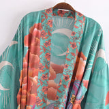 Cotton Kimono Boho Star Moon Print Sashes Women Bohemian V Neck Batwing Sleeves Short Robe Kimono, Gift For Her