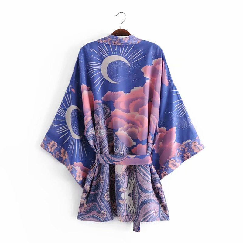 Cotton Kimono Boho Star Moon Print Sashes Women Bohemian V Neck Batwing Sleeves Short Robe Kimono, Gift For Her